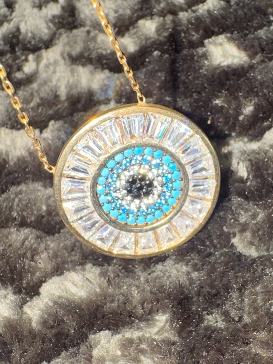925 Sterling Silver Gold Evil Eye Necklace Crystal Turquoise Pendant Turkey - Picture 5 of 8